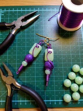 Handcrafted & Wire Wrapped! Big Chunky Scepter Earrings - Mint Green + Purple